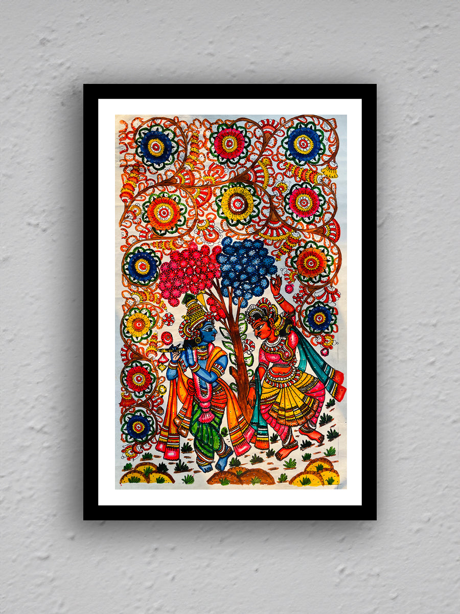 Purchase now: "Eternal Bliss" Tholu Bommalata painting of Radha Krishna's Radiant Rasleela in Vrindavan Garden.