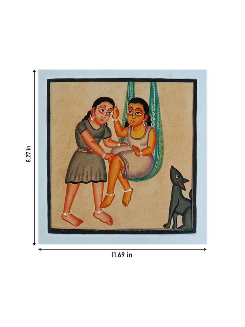Girls and Their Dog in Kalighat by Bapi Chitrakar for Sale