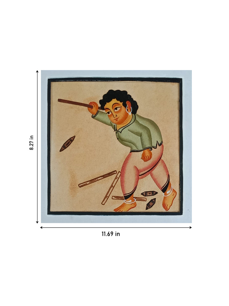Traditional Play in Kalighat: A Boy with Gilli-Danda by Bapi Chitrakar