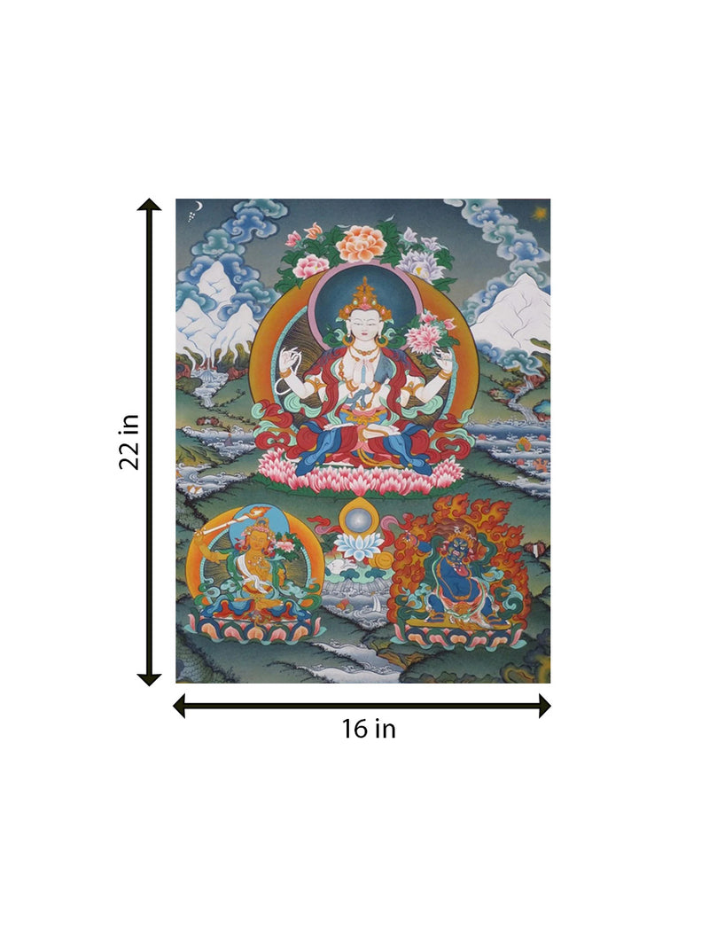 The Trimurty, Three Supreme Gods: Thangka Painting by Krishna Tashi Palmo