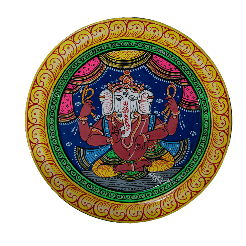 Colourful Ganesha Pattachitra on a Wooden Plate  by Apindra Swain