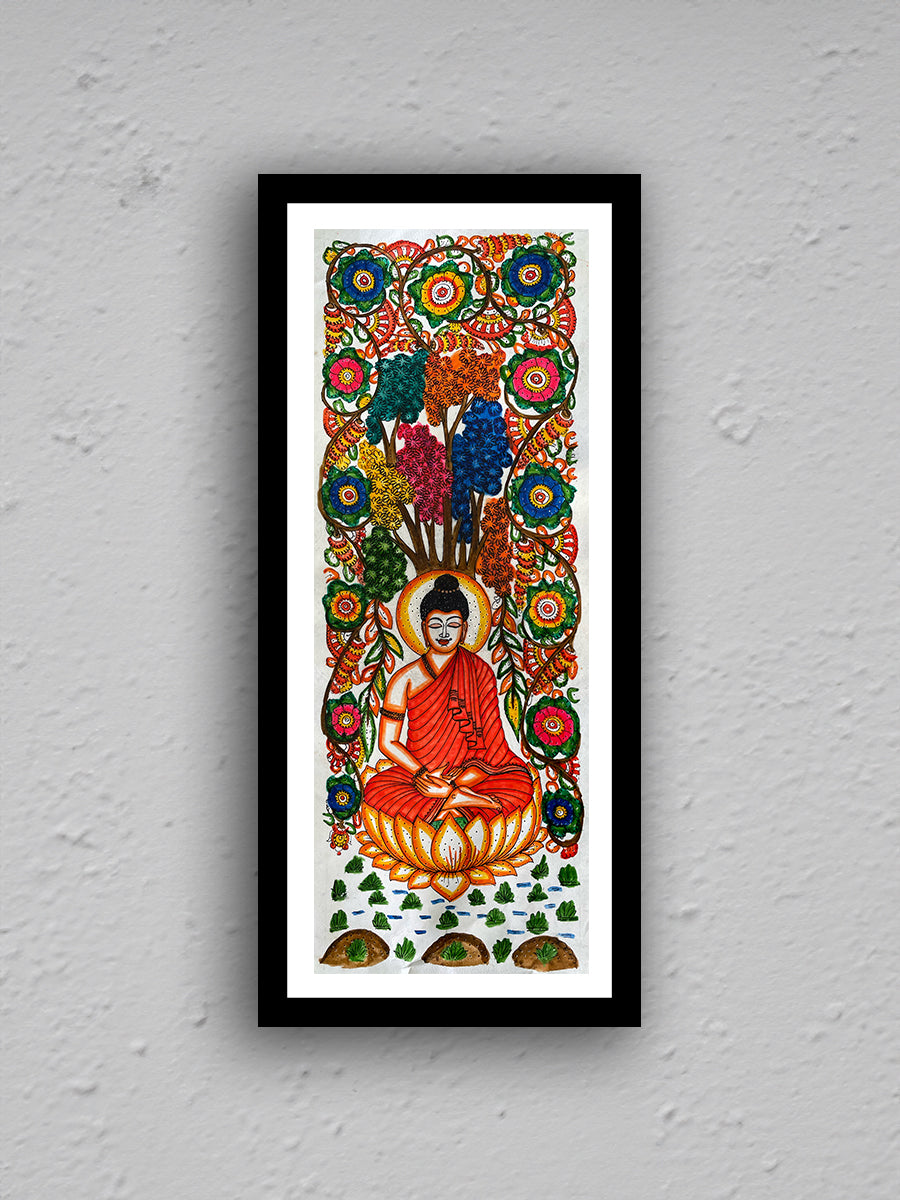 Buy now: Serene Multi-Color Spiritual Buddha Meditating under Bodhi Tree Tholu Bommalata Painting