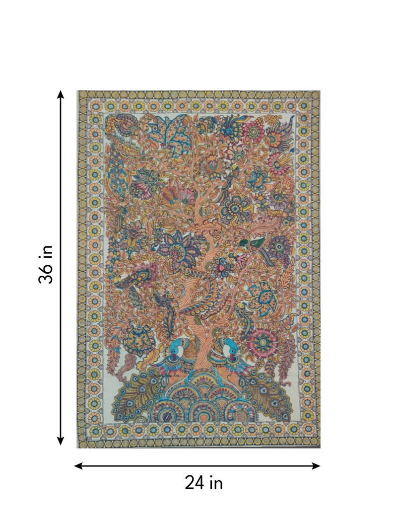 The Dance of Nature: Tree of life with Peacocks and Parrots in Kalamkari by Harinath N