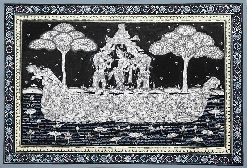 Lord Krishna on Kandarpa Nauka Pattachitra Painting in shop bargain.