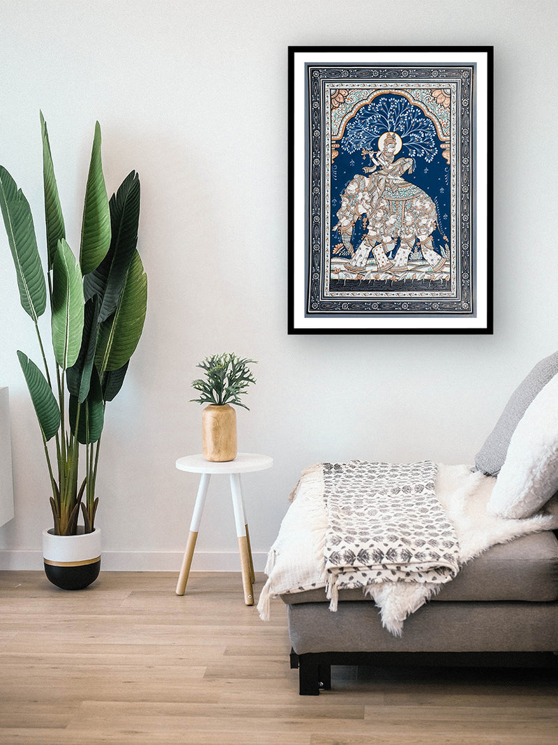 You can obtain the breathtaking Lord Krishna on Kandarpa Hasti Pattachitra Painting by visiting our shop.