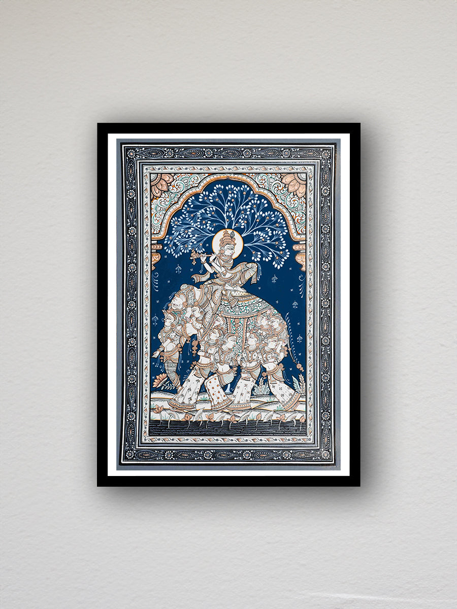 The exquisite Lord Krishna on Kandarpa Hasti Pattachitra Painting is available for purchase in our shop.