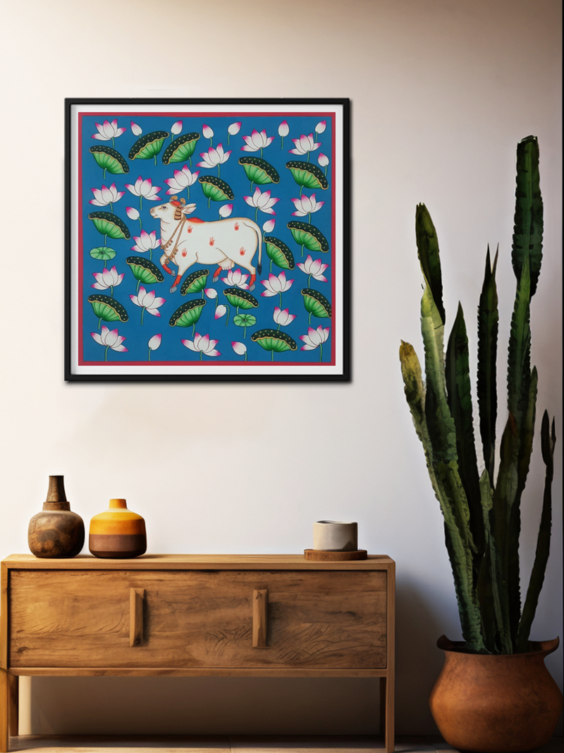 Cow and a lotus pond Pichwai painting For Sale