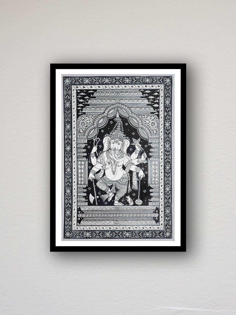 Monochromic Symphony: The Grandeur of Ganesha with his Mushak at Mandapa Pattachitra Painting in shop for purchase