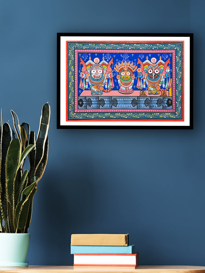 Shop Now  Vibrant Jaganath, Subhadra, and Balbhadra in Nagarguna Bhes Pattachitra Painting .