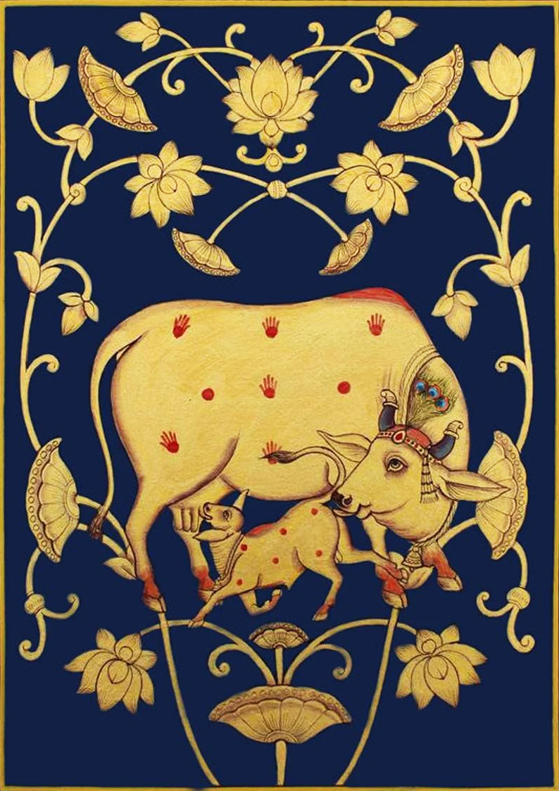 Buy Cow with calf blue pichwai art
