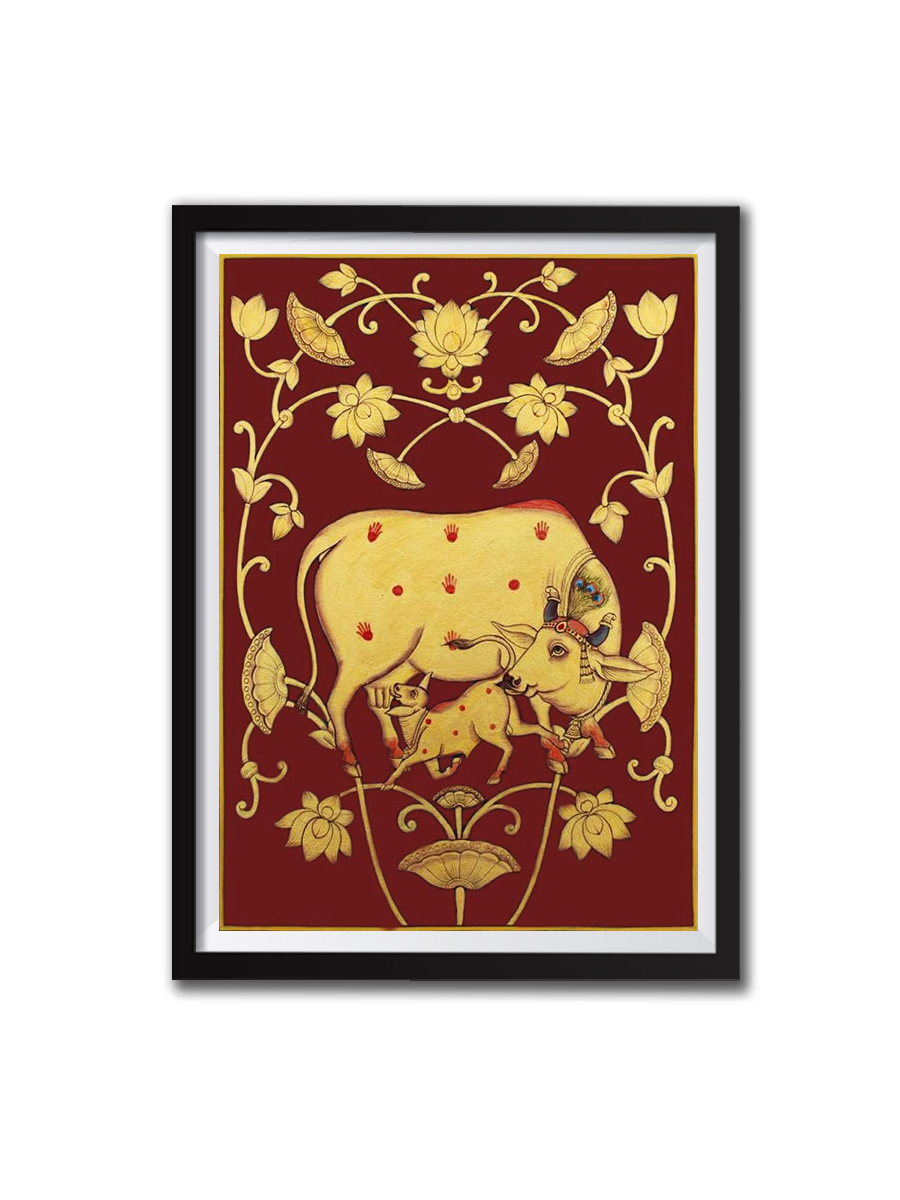 Cow and calf maroon pichwai art For Sale