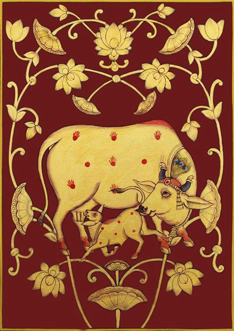 Buy Cow and calf maroon pichwai art