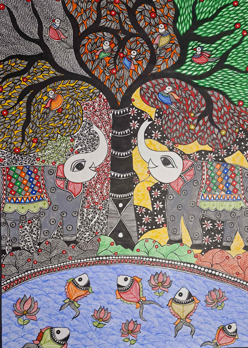 Buy Elephants under Tree of life with marine illustration: Madhubani by Vibhuti Nath