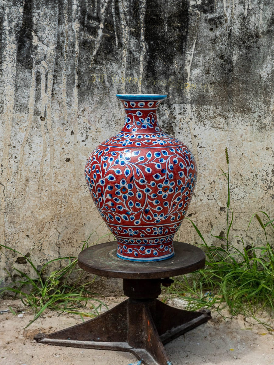 Crimson Garden Tapestry: An Artistic Pot of Floral Splendor, Blue Pottery By Gopal Saini for sale