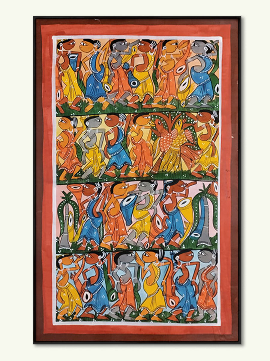Harmony in Motion: A Bengal Pattachitra Ode to Tribal Dance Bengal Pattachitra by Swarna Chitrakar for sale