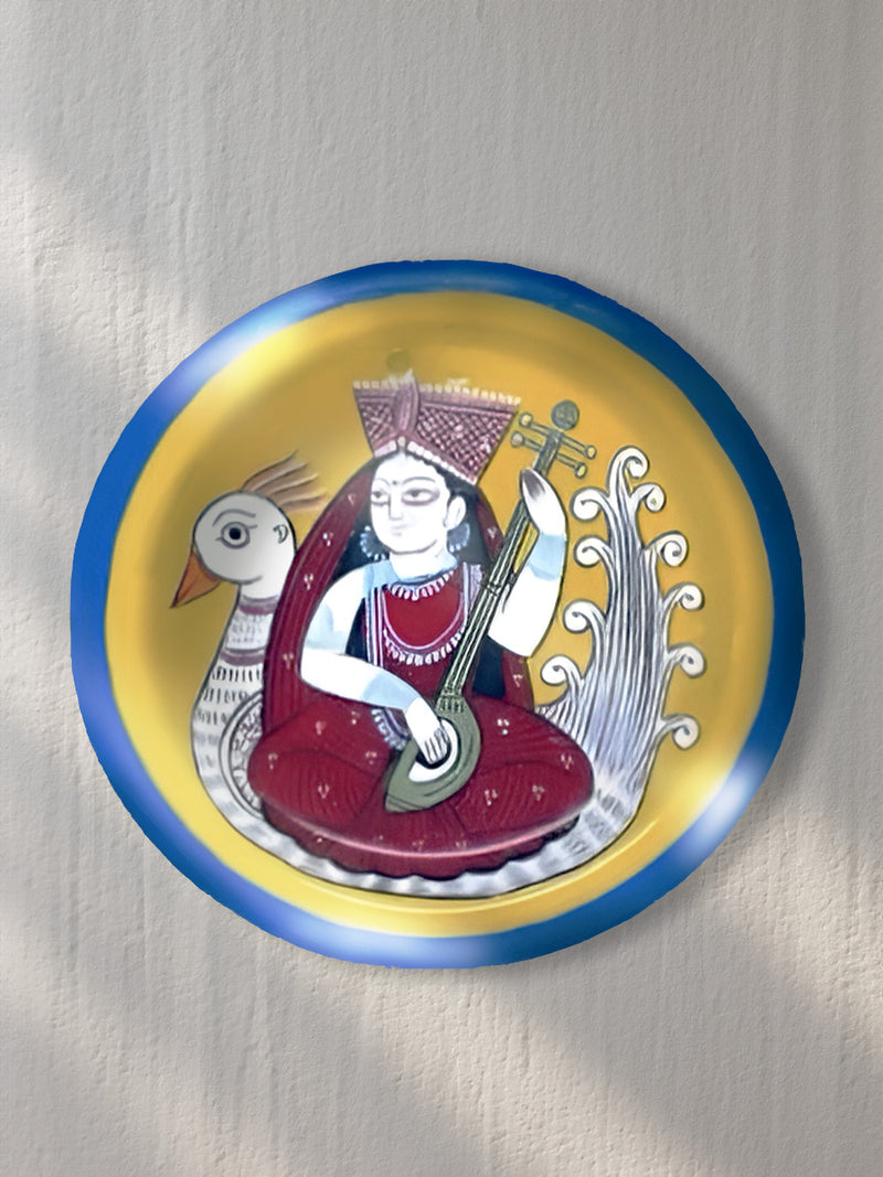  Goddess Saraswati Kalighat Plate art by Hasir Chitrakar for Sale