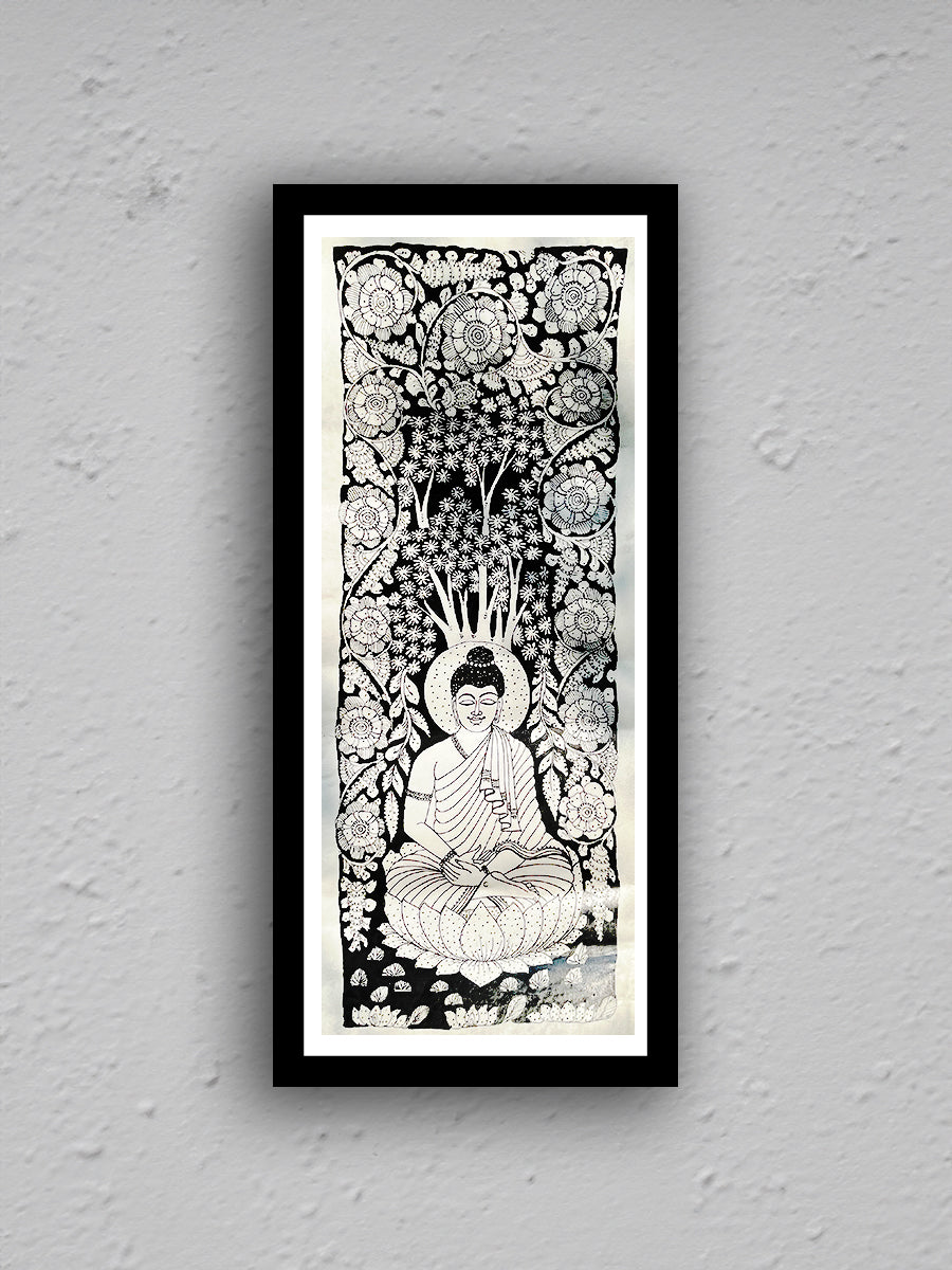 Buy now: Zen Serenity - Black and White Buddha Meditating under Bodhi Tree Tholu Bommalata Painting.