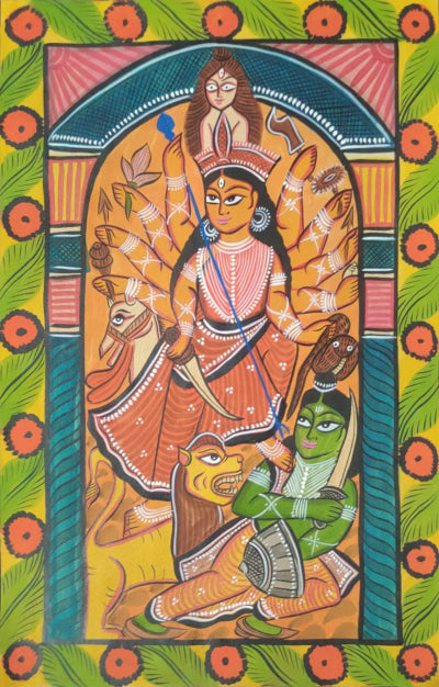 Mahisasur Mardini and Mahishasur Bengal Pattachitra Painting by Manoranjan chitrakar