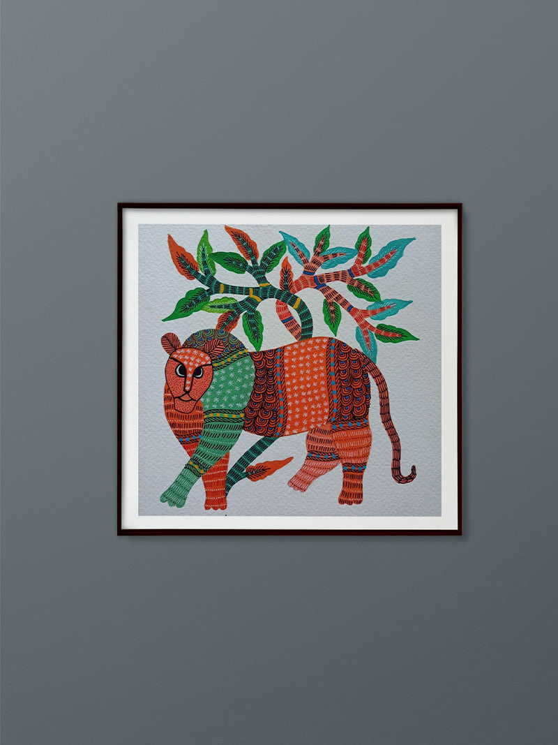 Immerse yourself in the awe-inspiring patterns of majesty with the Feral Tapestry of Gond artwork, available for purchase.