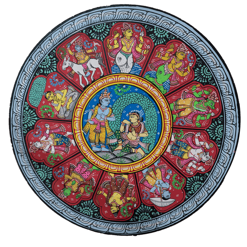 The Multi-Color Dus Avatara Krishna Pattachitra on a Wooden Plate