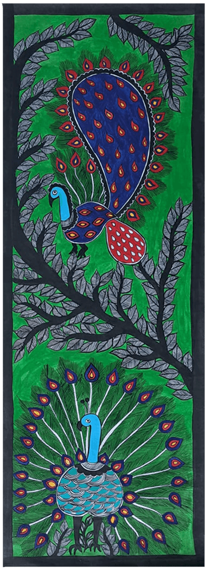 Order Online Portrayal of peacocks with green background: Madhubani by Vibhuti Nath