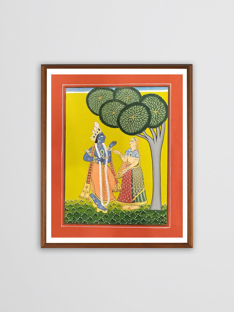 Heavenly Harmony: Radha and Krishna in Divine Embrace Basohli Painting by Aastha Billowria  & Shivakshi Sharma