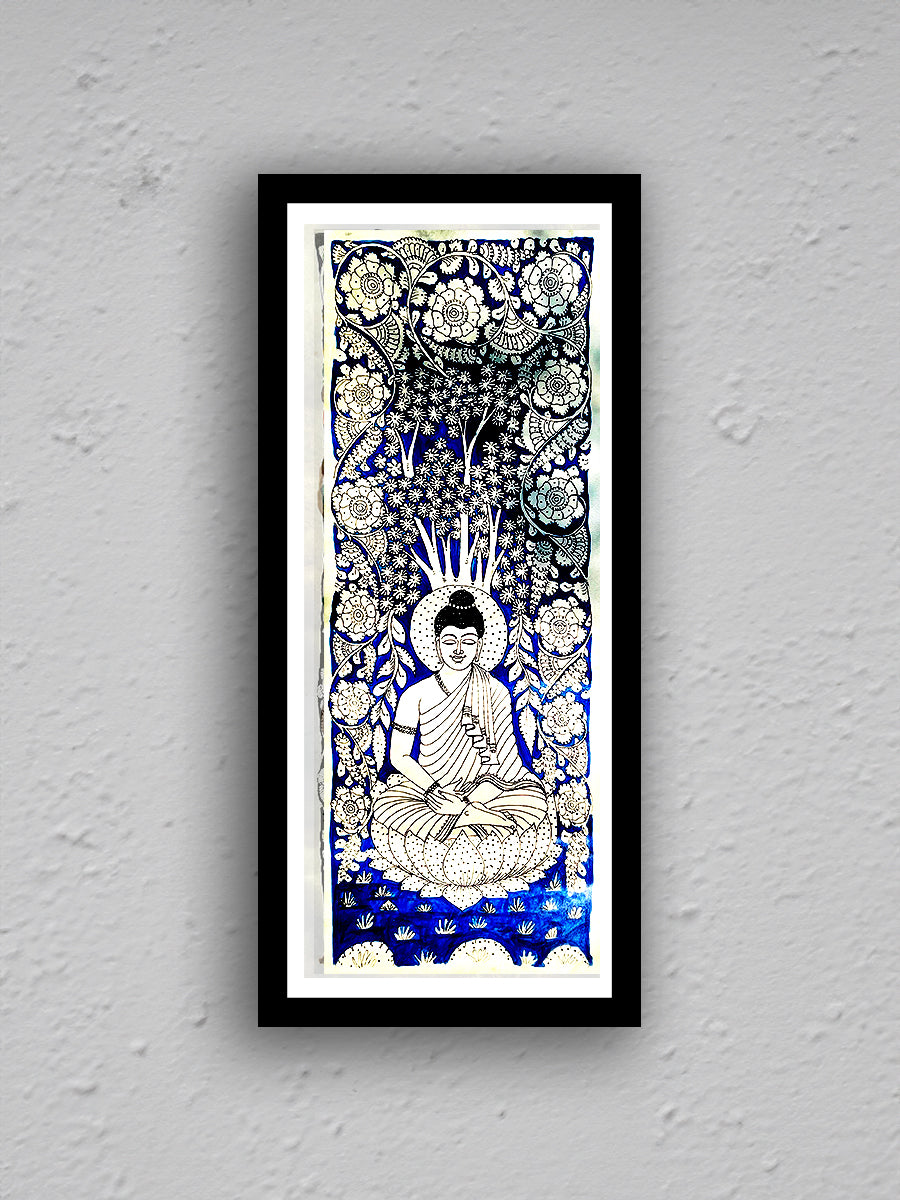 Purchase Serenity Embodied: Blue and White Spiritual Buddha Meditating Under Bodhi Tree Tholu Bommalata Painting.