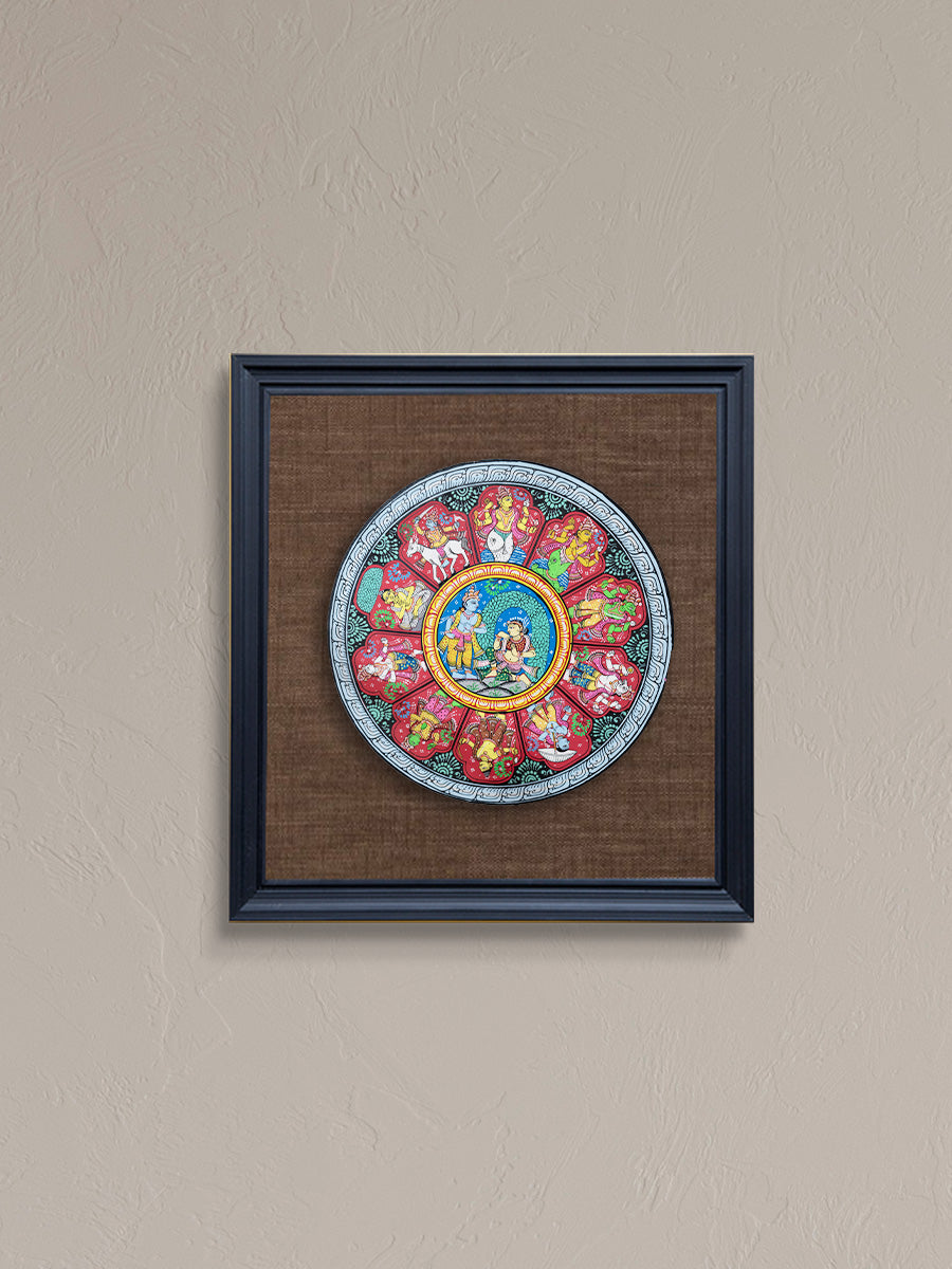Divine Essence: The Multi-Color Dus Avatara Krishna Pattachitra on a Wooden Plate  by Apindra Swain for sale