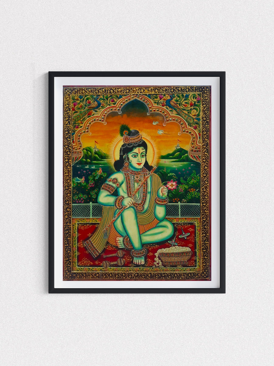 Pankaj Kumar's Usta Miniature Painting: A Vibrant Ode to Lord Krishna's Serenity for sale