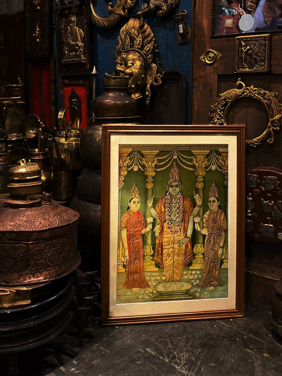 Shop Lord Vishnu with Shri Devi and Bhu Devi Oleograph by Raja Ravi Verma