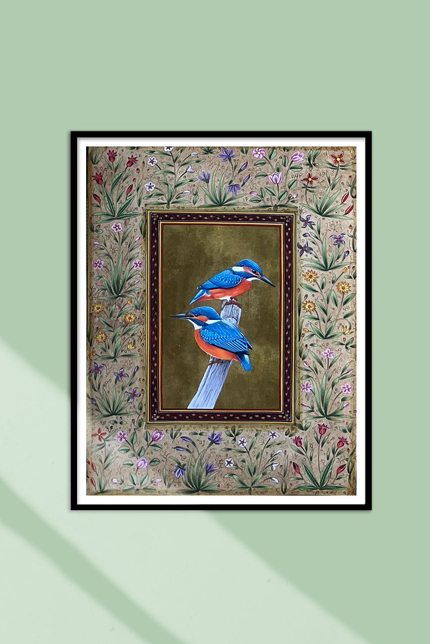Shop Kingfishers Among Blossoms in Mughal Miniature by Mohan Prajapati