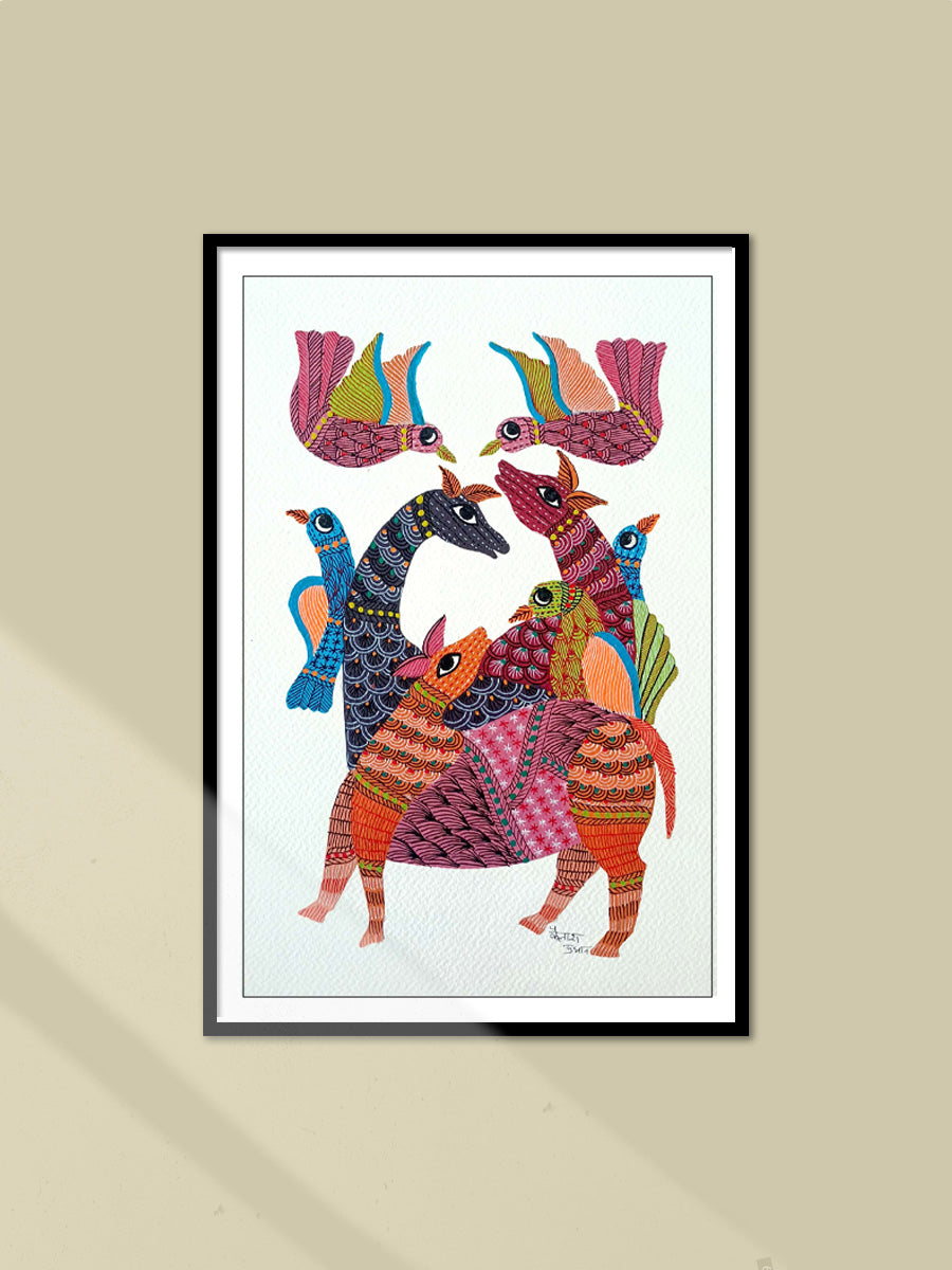 Shop  Deer family with birds in Gond by Kailash Pradhan