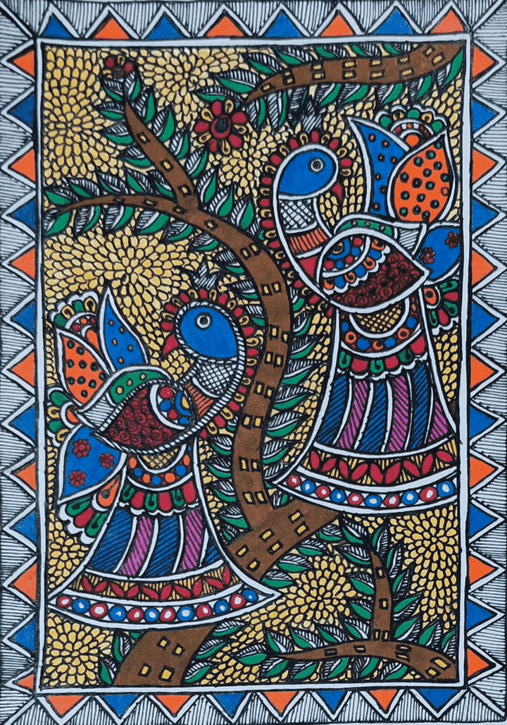 Two Peacocks in Madhubani by Ambika Devi Thumbnail