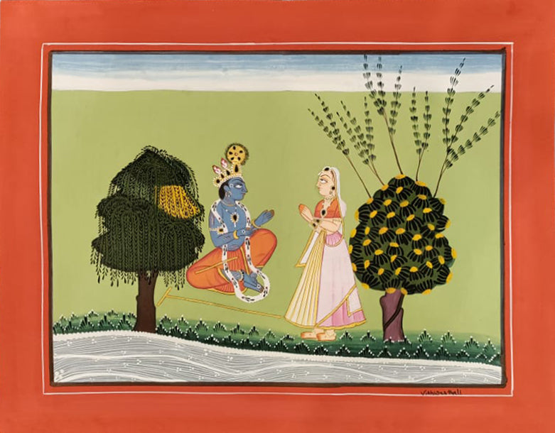 Divine Rendezvous: Basohli's Enchanting Landscape Basohli Painting by Aastha Billowria  & Shivakshi Sharma
