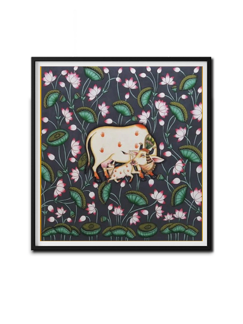 Cow with calf between a lotus pond Pichwai art For Sale