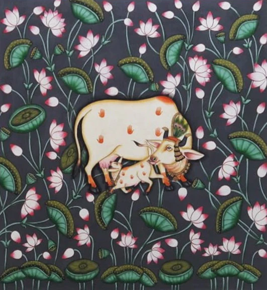 Order Cow with calf between a lotus pond Pichwai art