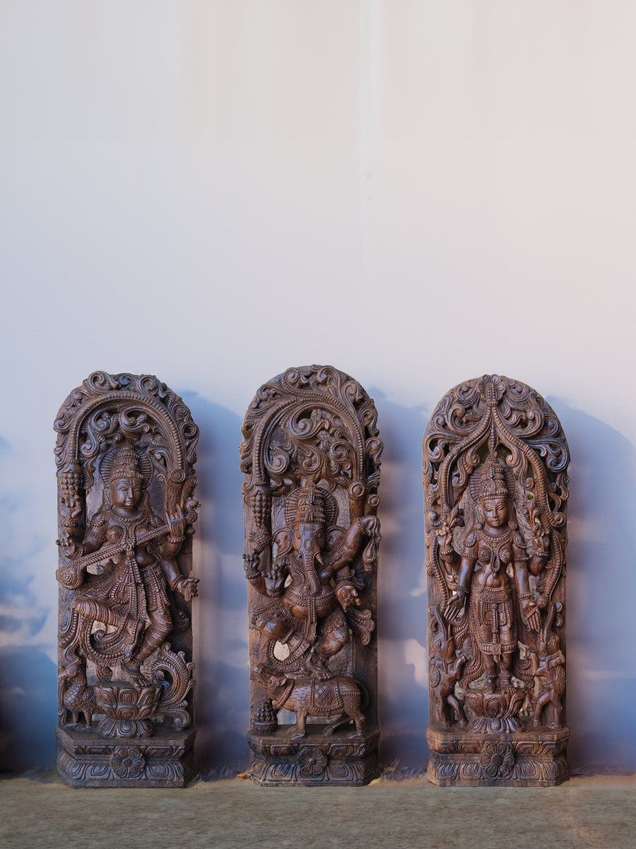 Saraswati, Ganesha, and Lakshmi Handcrafted Woodwork for Sale