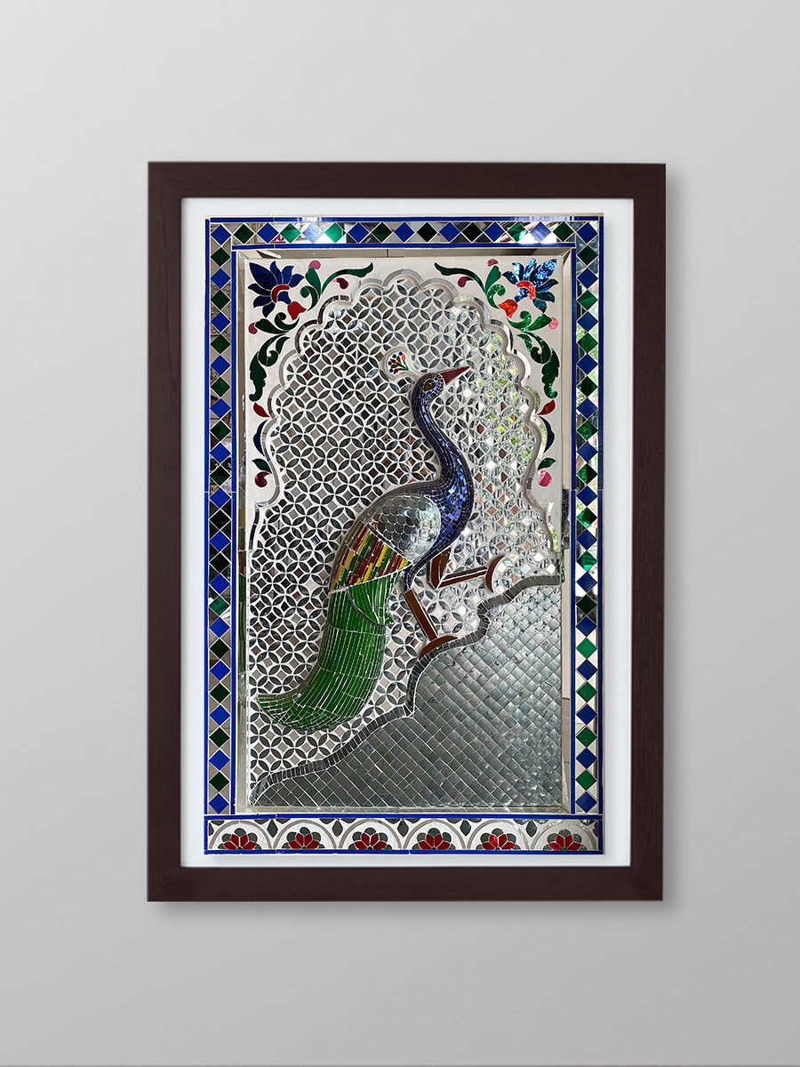 Climbing Splendor: A Thikri Glass Symphony of Vibrant Peacock  by Vinayak Art Glass inlay Handicrafts for sale