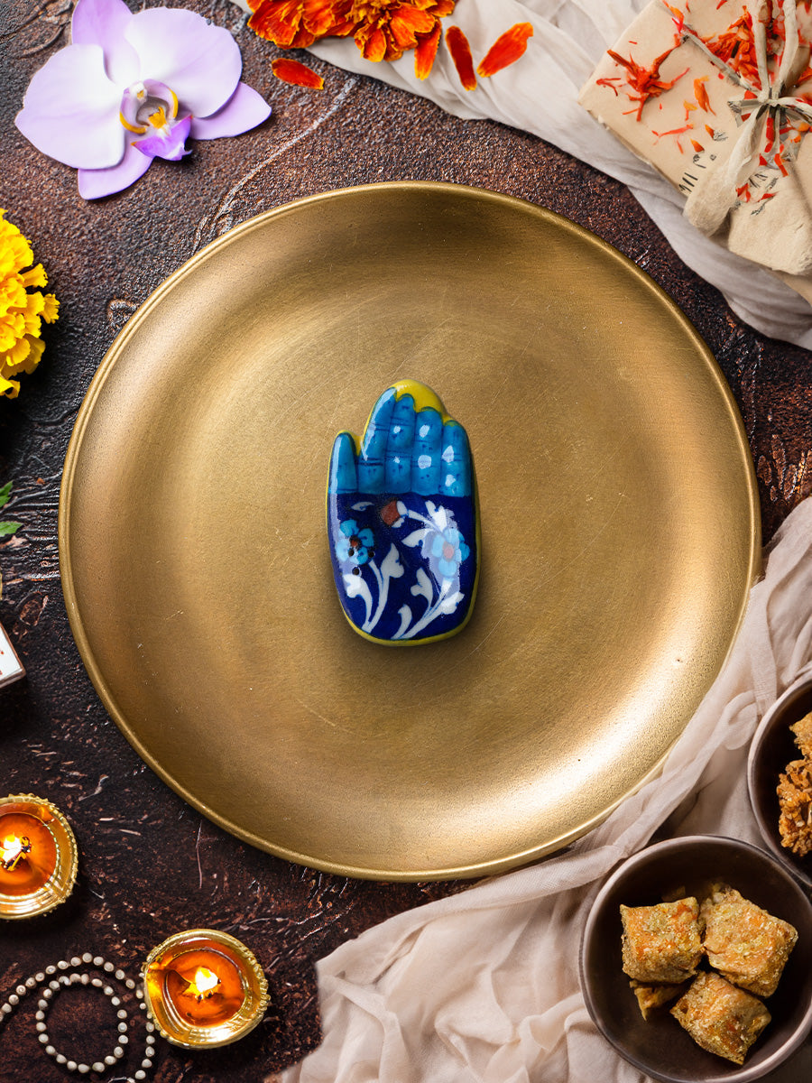 Cosmic Serenade: The Azure Hand Agarbathi Stand ,Blue Pottery By Gopal Saini for sale Incense stick holder