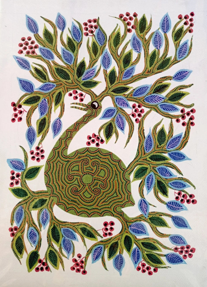 A Bird amidst a Fruitful Tree in Bhil Painting by Geeta Bariya Thumbnail
