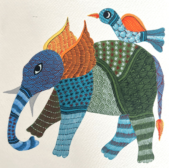 The Eternal Bond: Elephant and Bird in Gond by Kailash Pradhan Thumbnail