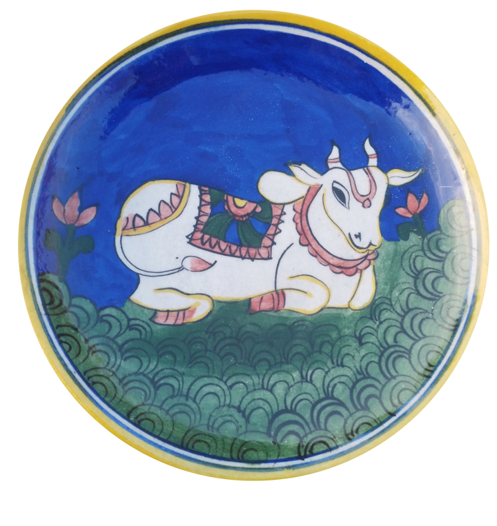 A Cow on a plate In Blue Pottery plates by Gopal Lal Kharol Thumbnail