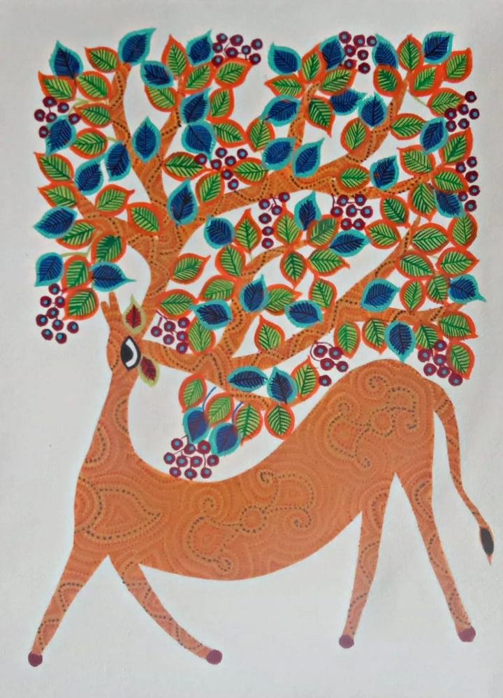 A Deer in Enchanted Forest Bhil Painting by Geeta Bariya Thumbnail