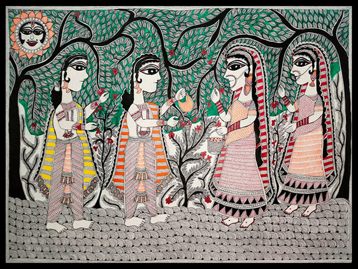 A Divine Connection: Lord Ram and Sita's Garden Serendipity, Madhubani Painting by Vibhuti Nath Thumbnail