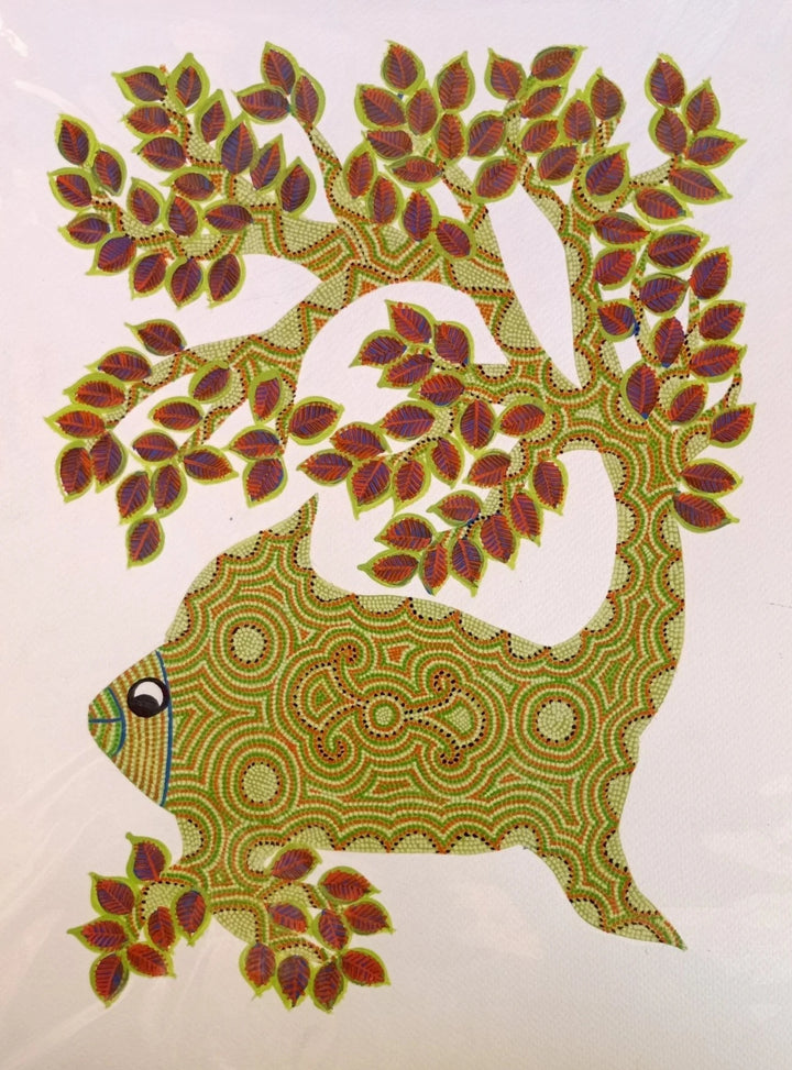 A Fish amidst a Tree in Bhil Painting by Geeta Bariya Thumbnail