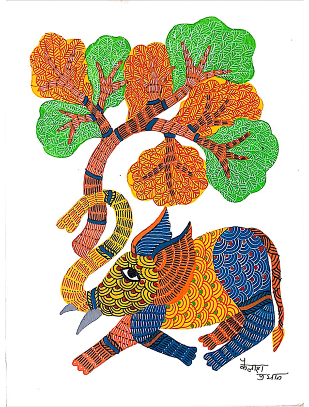 A Kaleidoscope of Splendor: Elephant under tree in Gond by Kailash Pradhan Thumbnail