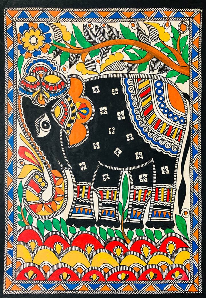 A Royal Elephant, Madhubani Painting by Ambika Devi Thumbnail