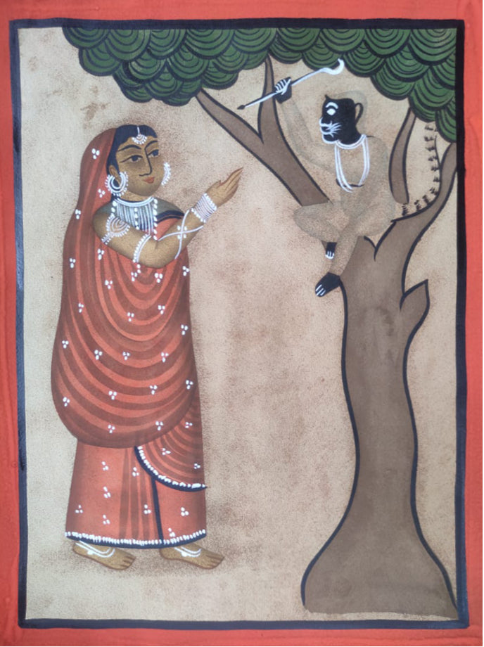 A Stimulating Encounter: The Woman and the Fierce Hanuman, Kalighat style by Hasir Chitrakar Thumbnail