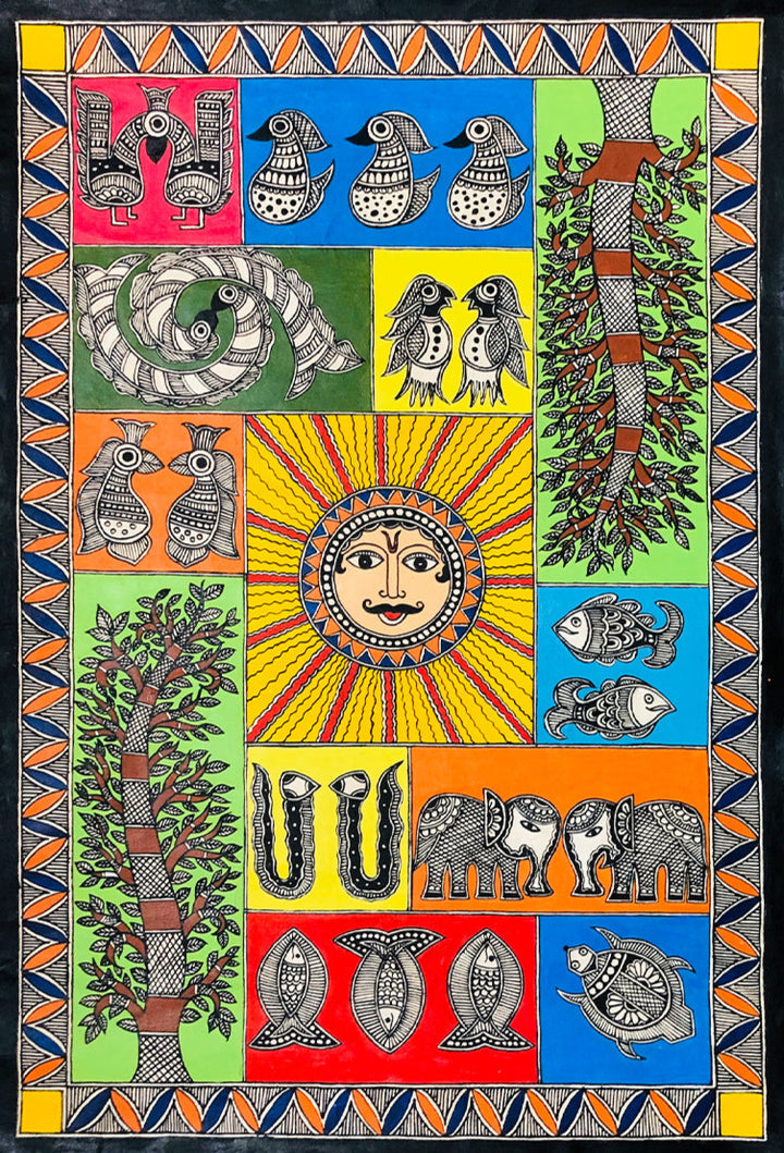 A Tapestry of Life: Embracing the Sun and Nature, Madhubani by Ambika devi Thumbnail