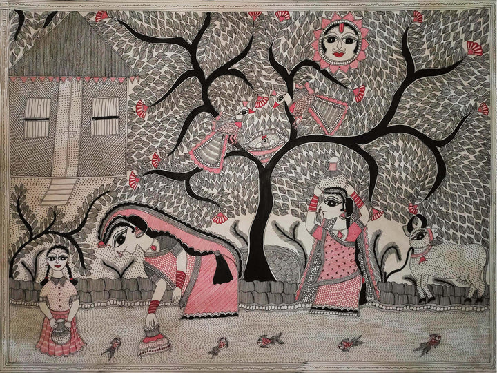 A Village Scene in Madhubani art by Vibhuti Nath Thumbnail